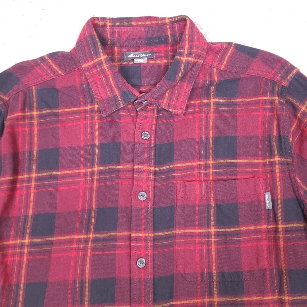 Eddie Bauer Flannel Shirt Mens XL Red Black Plaid Long Sleeve Button Down Cotton